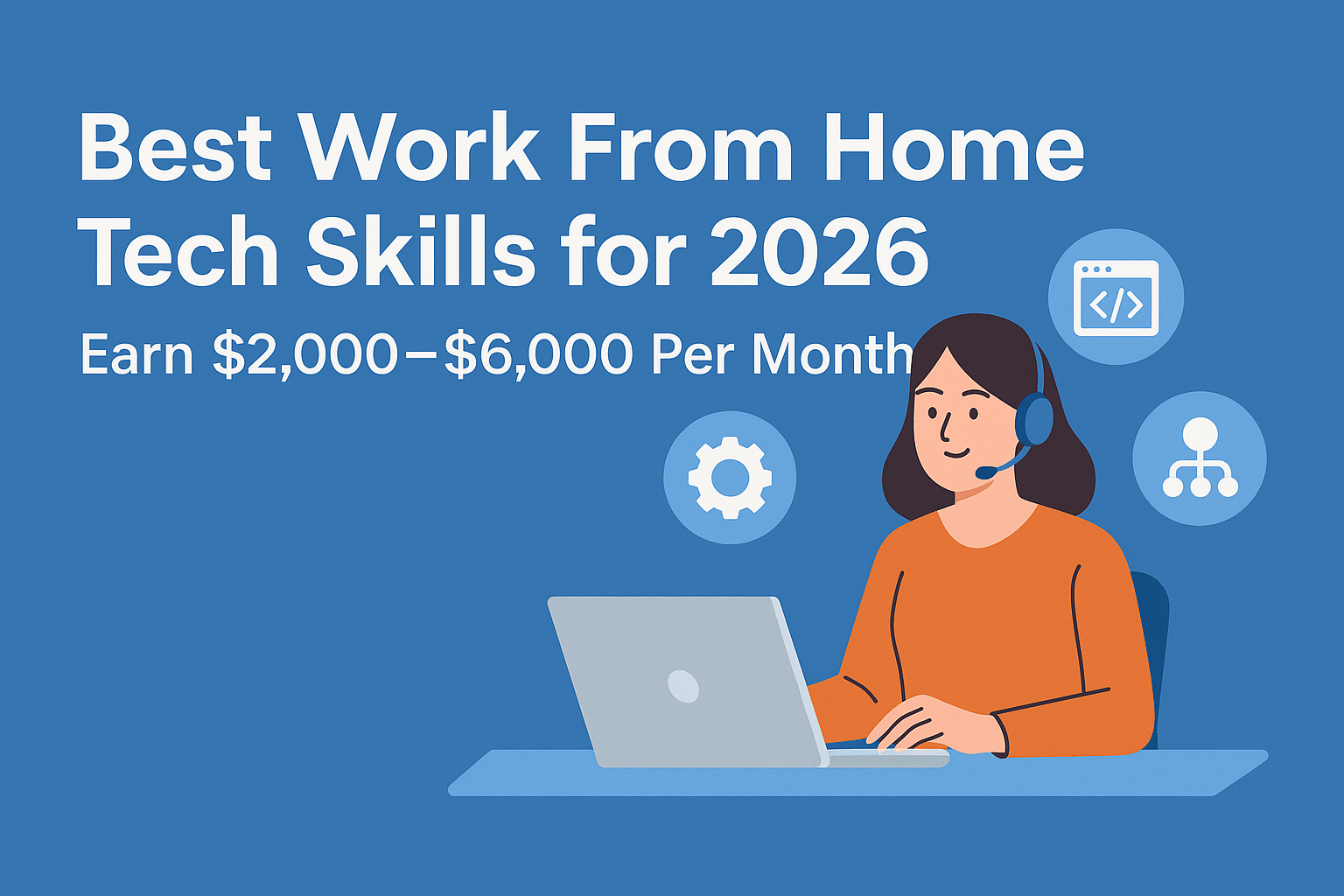 flat digital illustration showing remote workers using laptops and tech tools for work from home jobs in 2026