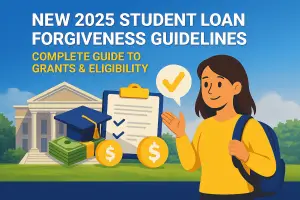 New 2025 student loan forgiveness guidelines infographic with graduation cap, money stack, and checklist.