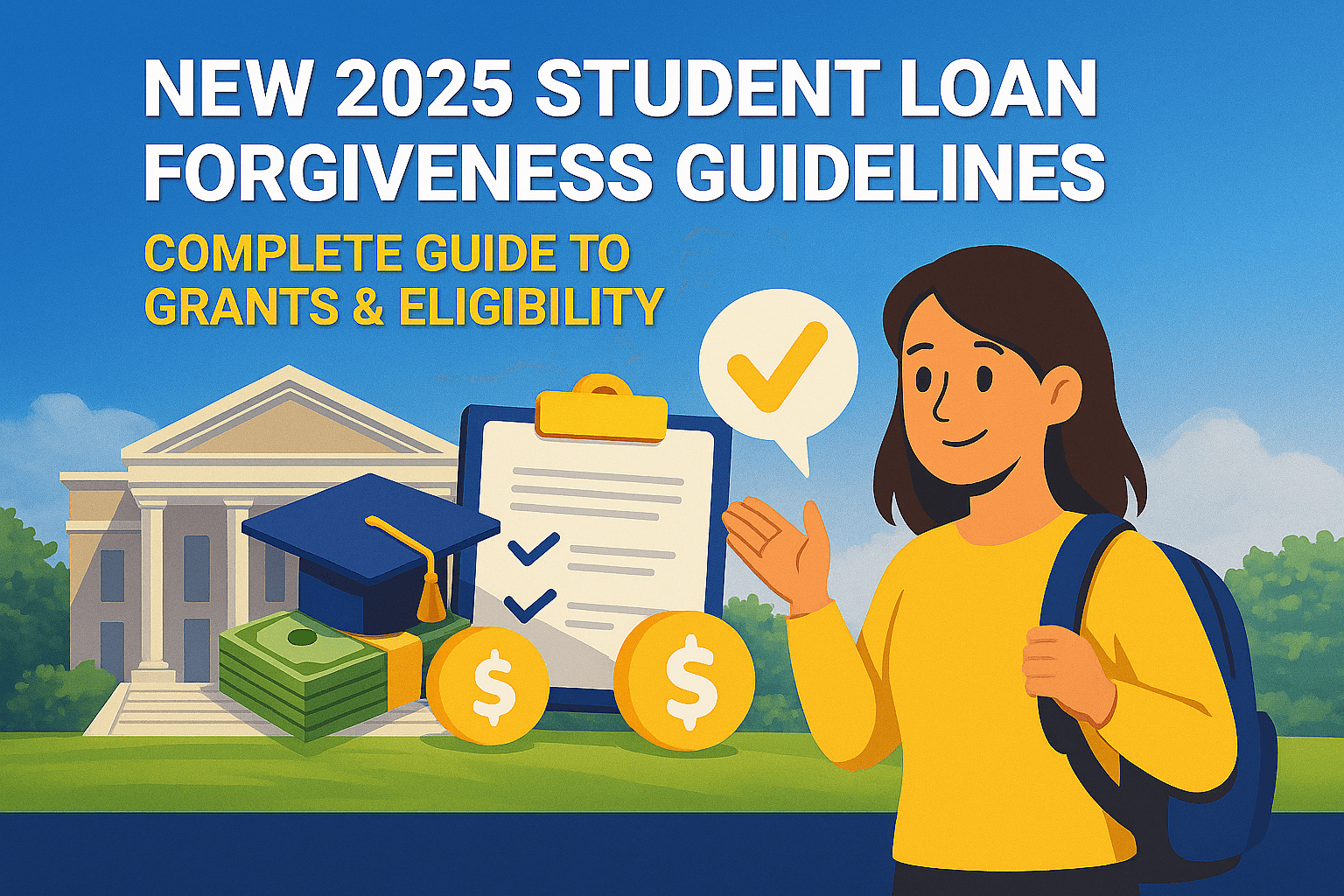 New 2025 student loan forgiveness guidelines infographic with graduation cap, money stack, and checklist.