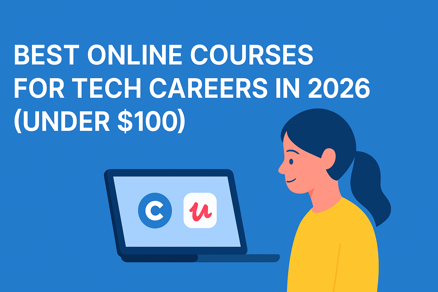 Laptop screen displaying online course platforms like Coursera and Udemy with text saying Top Tech Skills 2026.