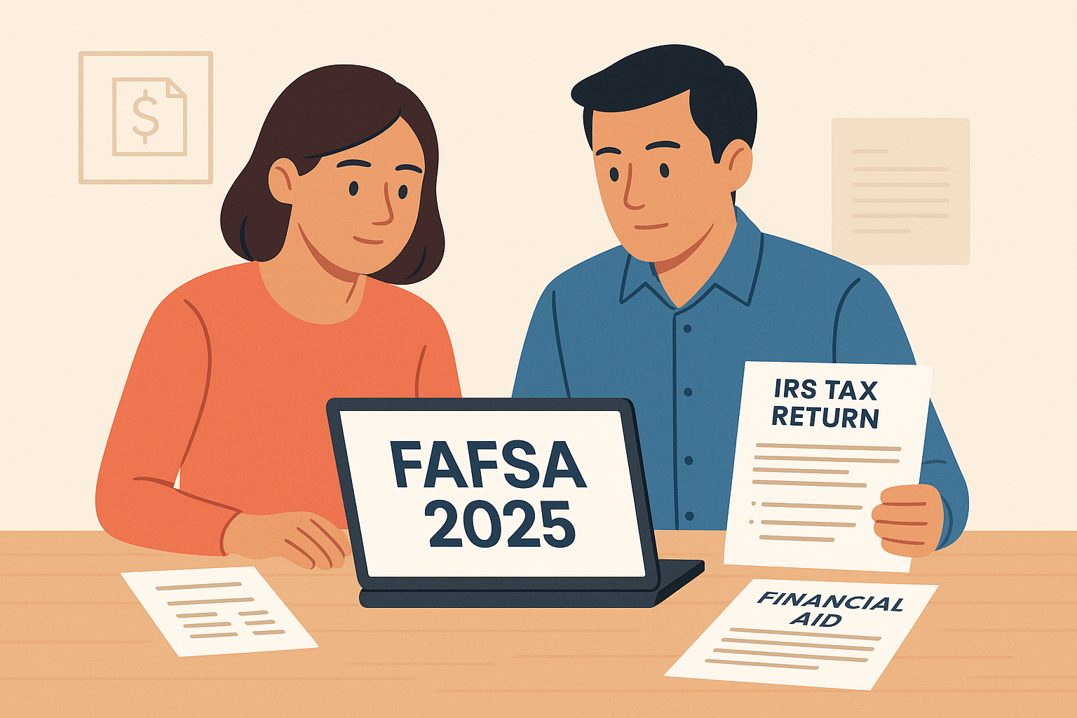 Flat illustration of two parents working on the FAFSA 2025 application on a laptop, reviewing IRS tax return papers and financial aid documents at a table.