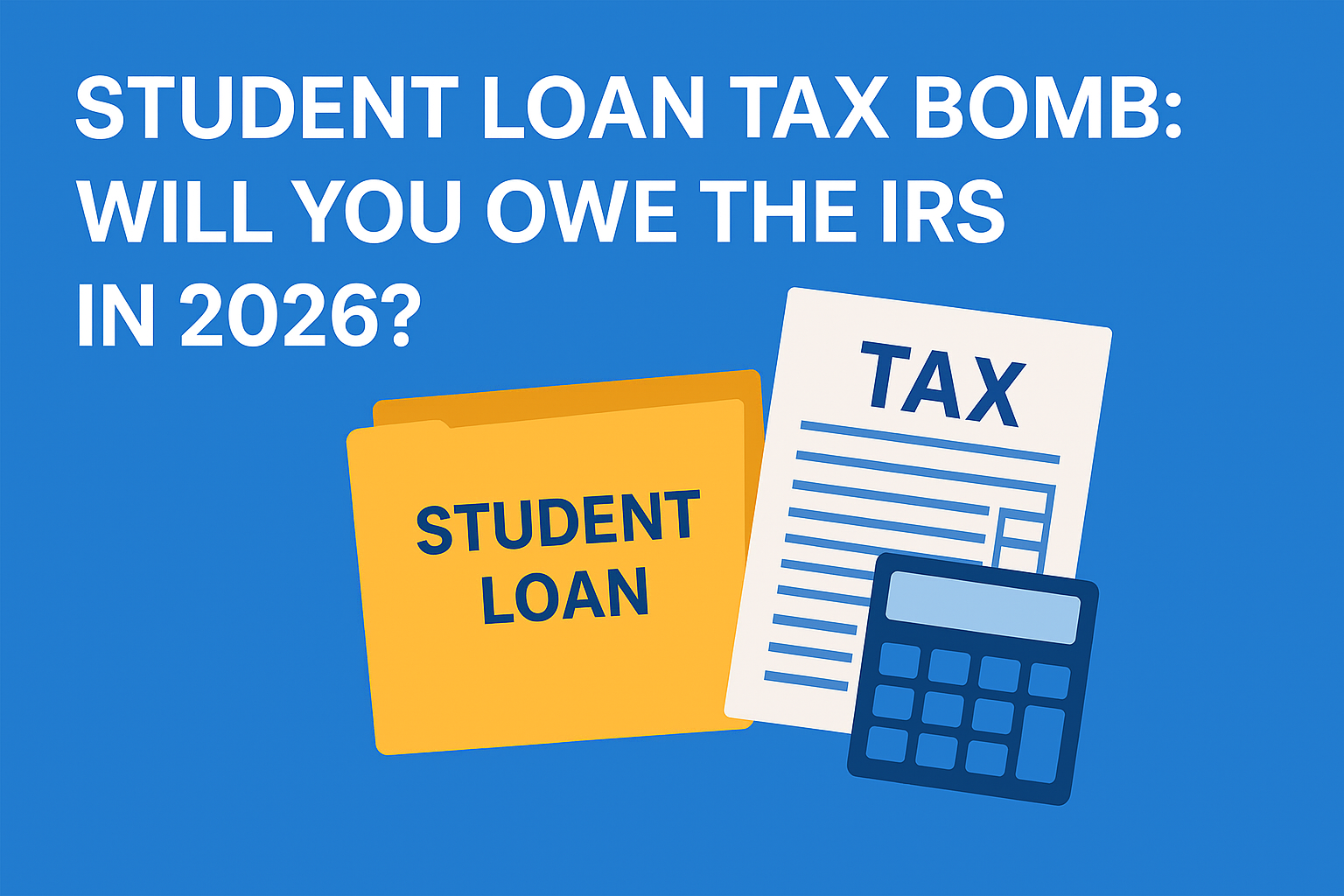 Student loan folder, tax form, and calculator illustration showing the 2026 IRS tax bomb.