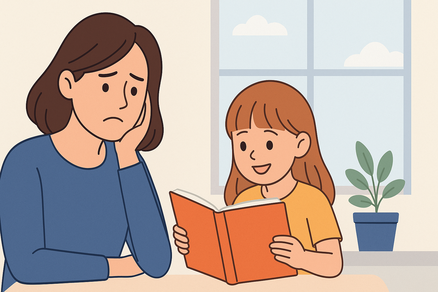 A worried mother watching her young daughter read a book, noticing early signs of reading comprehension struggles.
