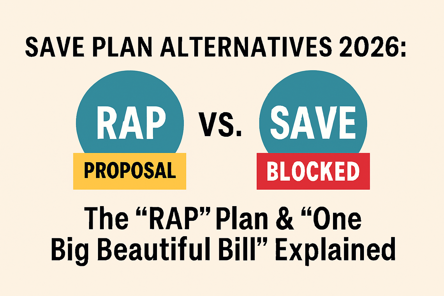 Infographic comparing SAVE Plan and RAP Proposal for student loan repayment in 2026, showing blocked status of SAVE and legislative proposal for RAP.