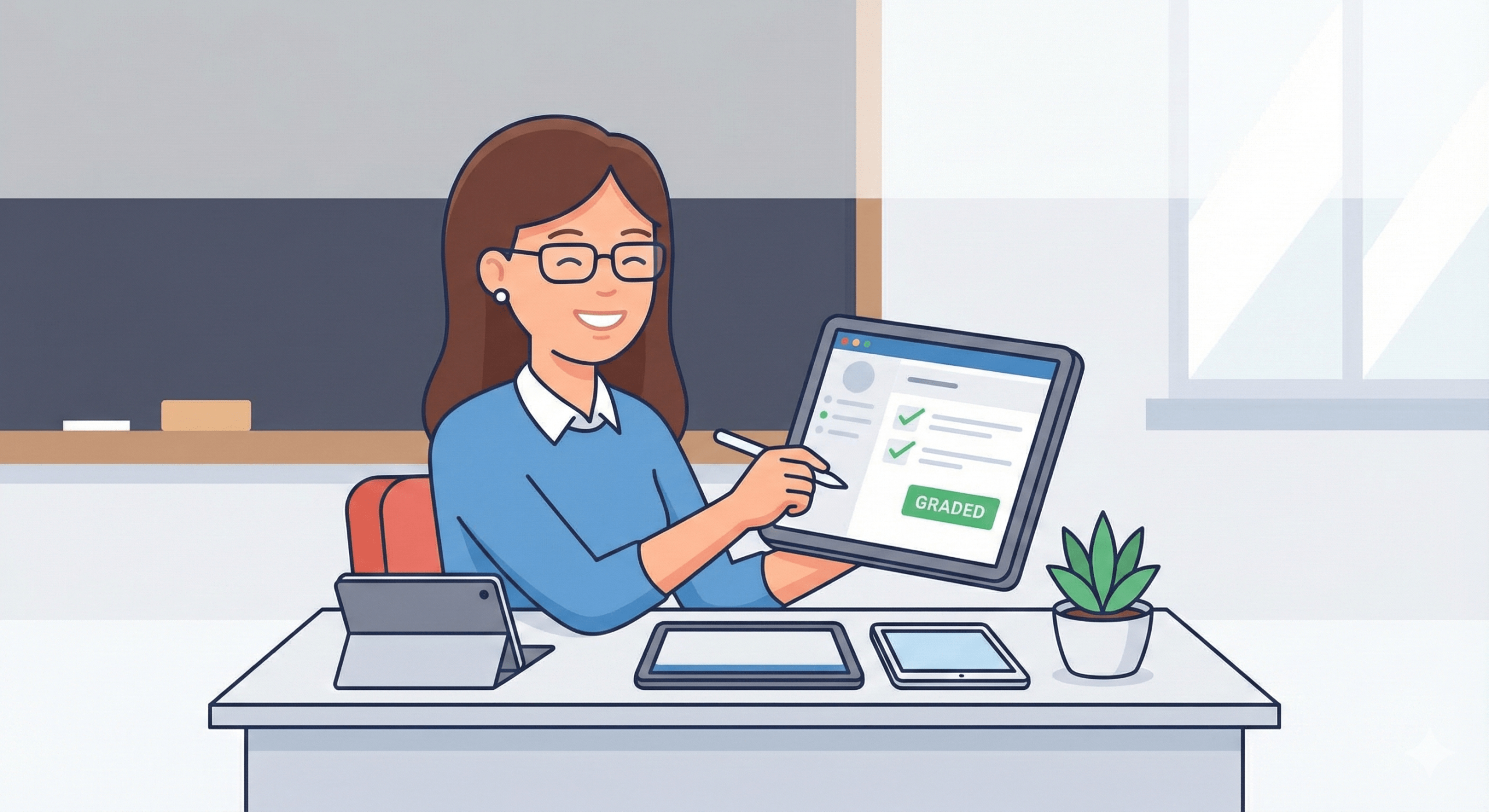 A teacher sitting at her desk grading assignments on a tablet in a classroom.