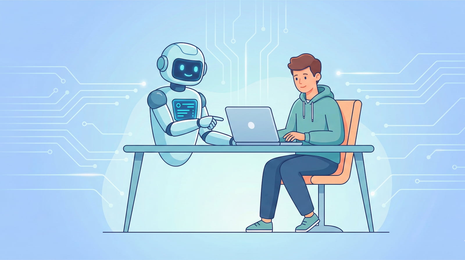 Clean vector illustration showing a person and an AI robot working together at a laptop, used as a featured image for an article about AI side hustles in 2026.