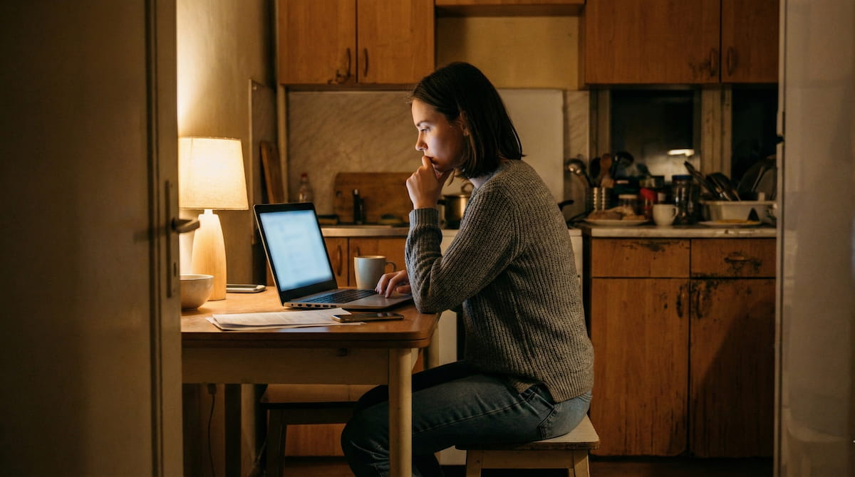 Student reviewing financial aid information on a laptop at home while considering trade school options