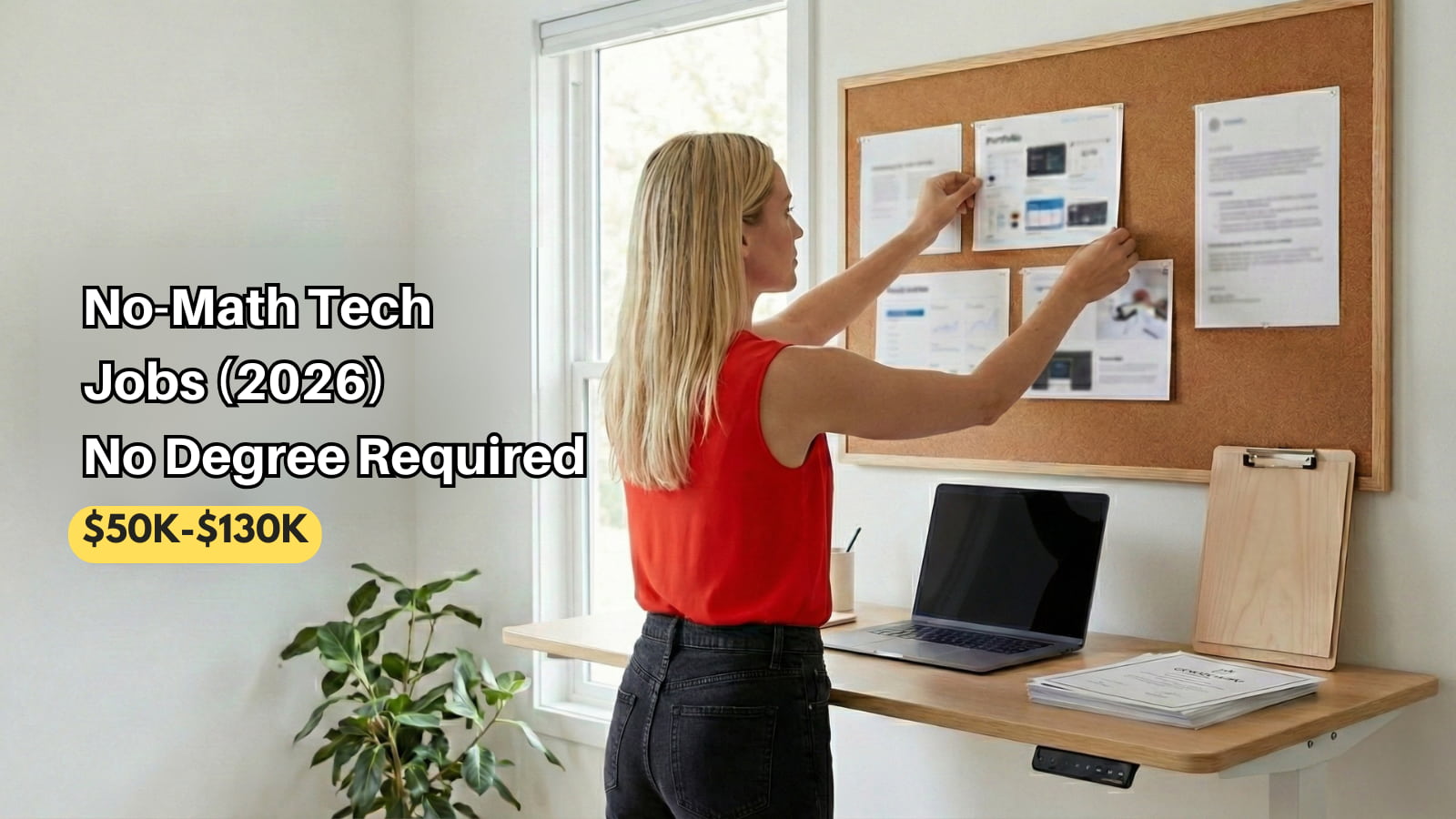 No-math tech jobs in 2026 with no degree required, $50k–$130k pay range