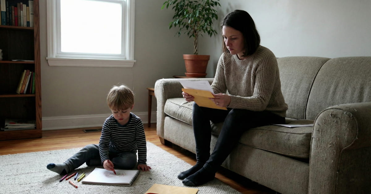 Parent reviewing paperwork at home while caring for a child with special needs