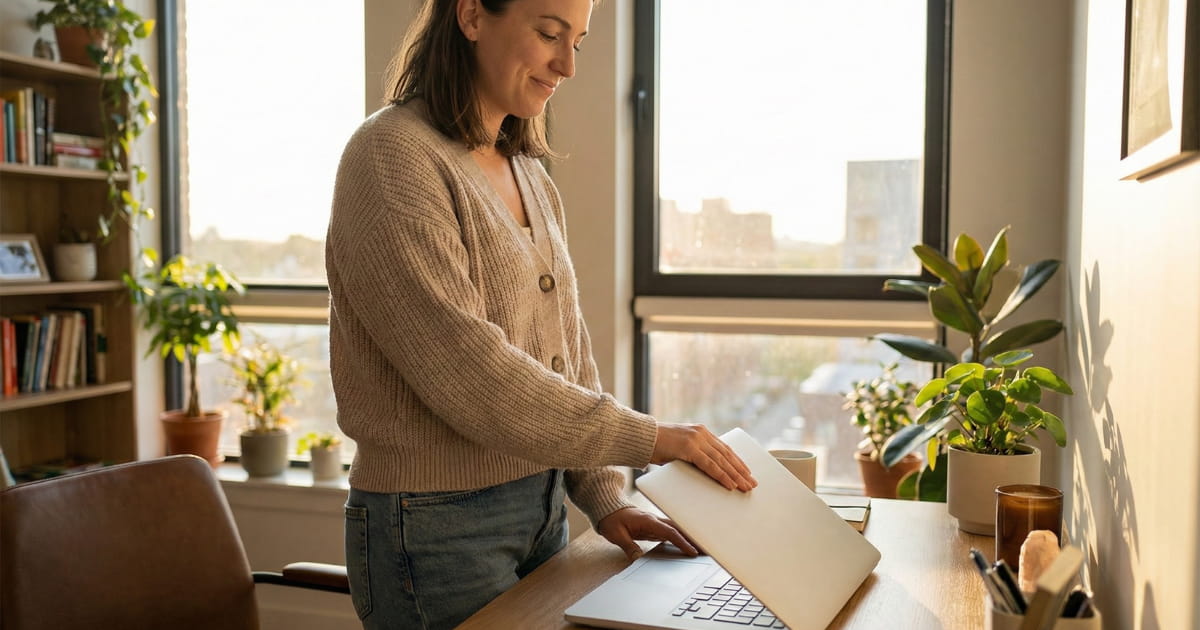 Person working from home on a laptop at a desk with natural light, representing an entry-level remote tech job in 2026