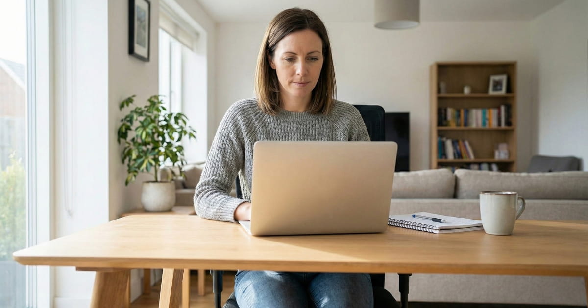 Person working from home on a laptop in an organized workspace, representing an entry-level virtual assistant job
