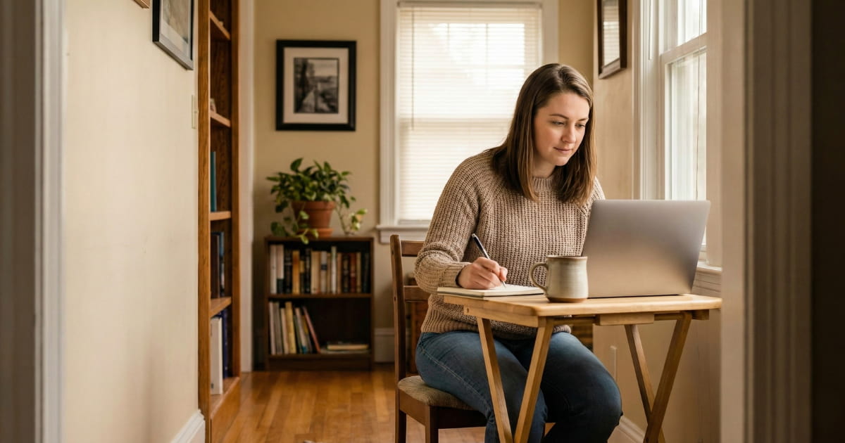 Person working from home on a laptop at a desk, representing an entry-level remote IT support job