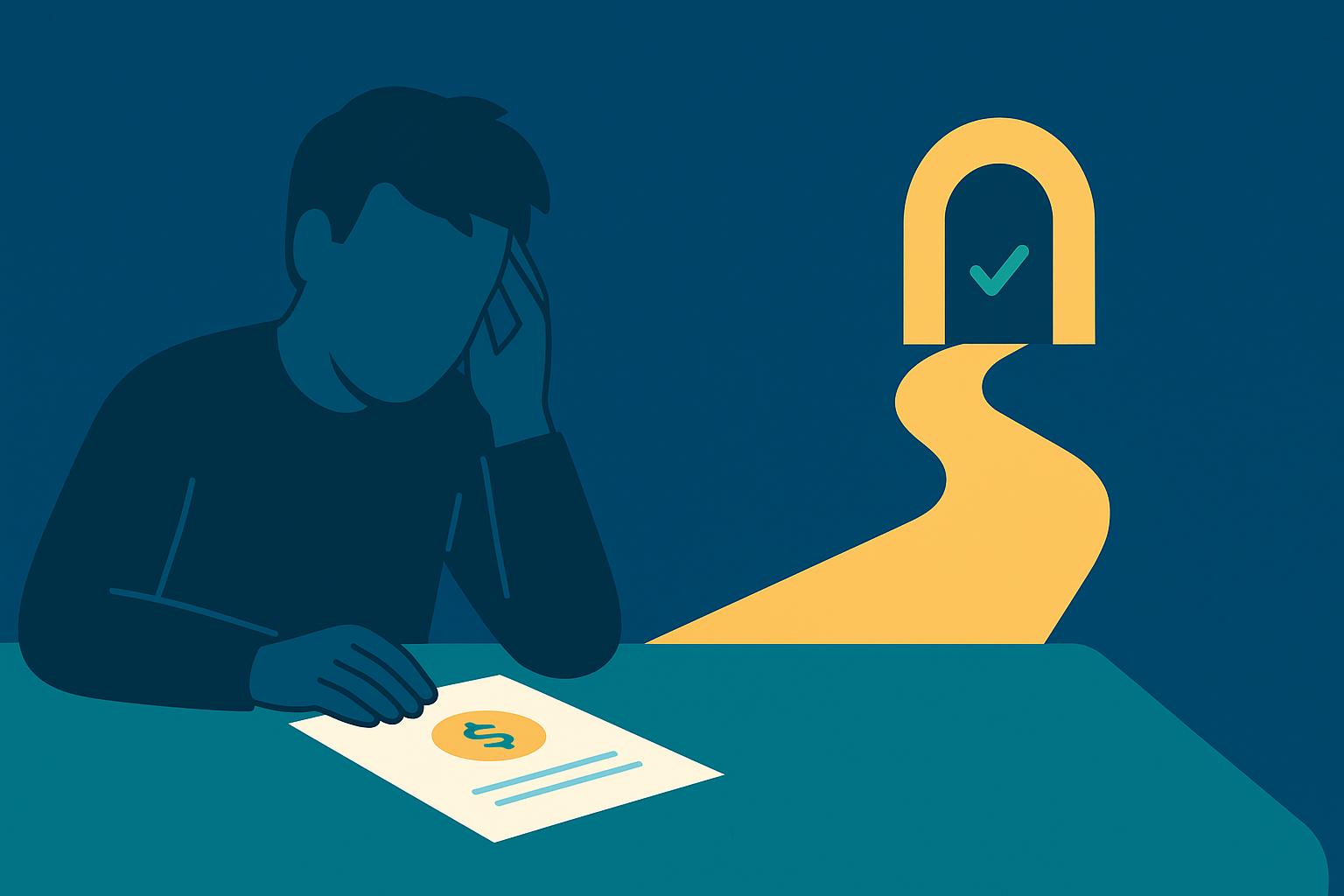 A simple flat illustration showing a worried borrower, a loan document, and a checkmark path representing student loan forgiveness.