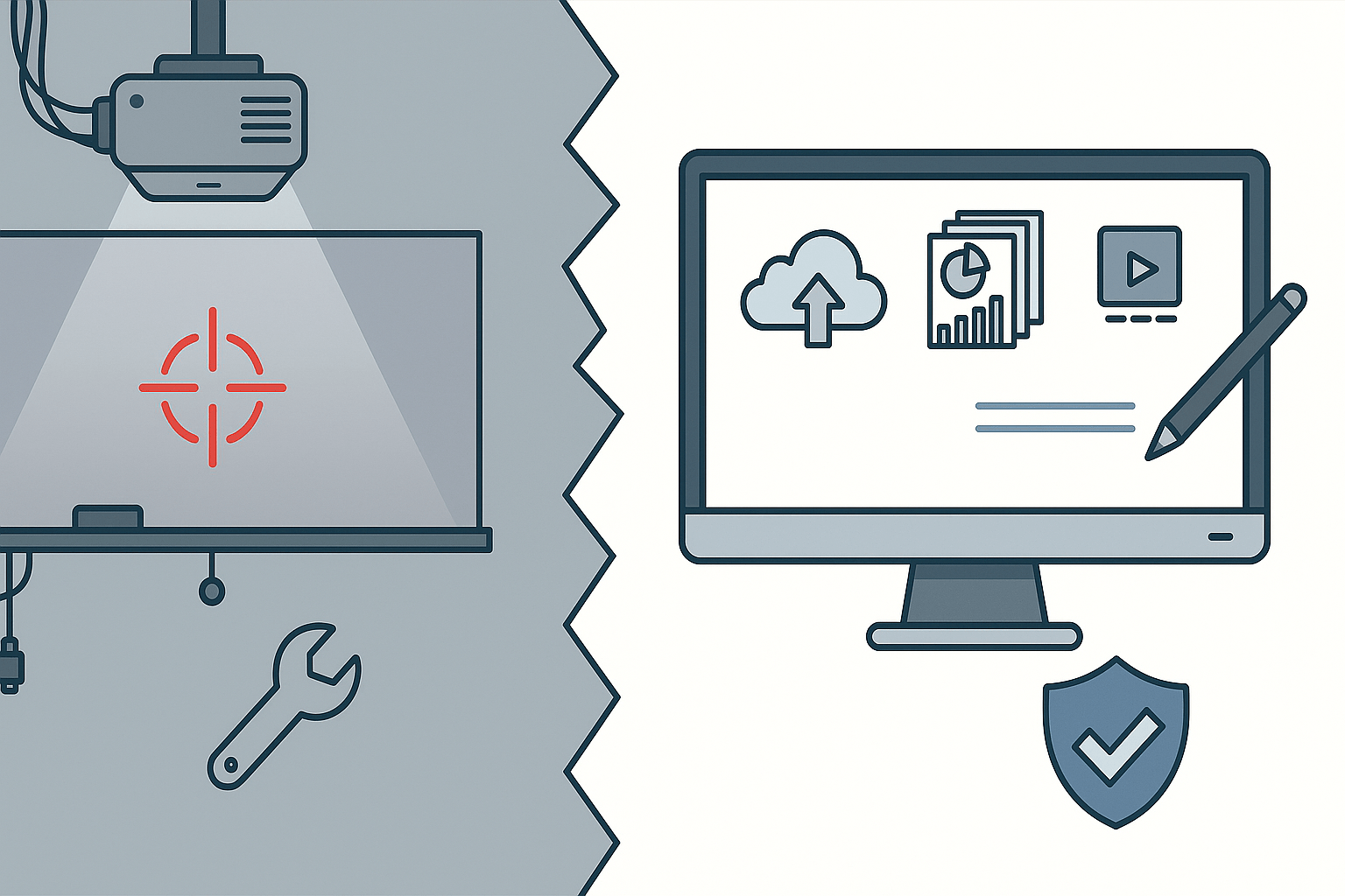 Vector illustration contrasting a high-maintenance projector screen with a calibration target (left) against a secure, cloud-integrated interactive flat panel with a security shield (right).