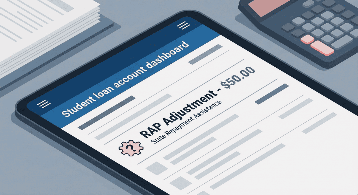 Illustration of a student loan account dashboard showing a repayment assistance adjustment