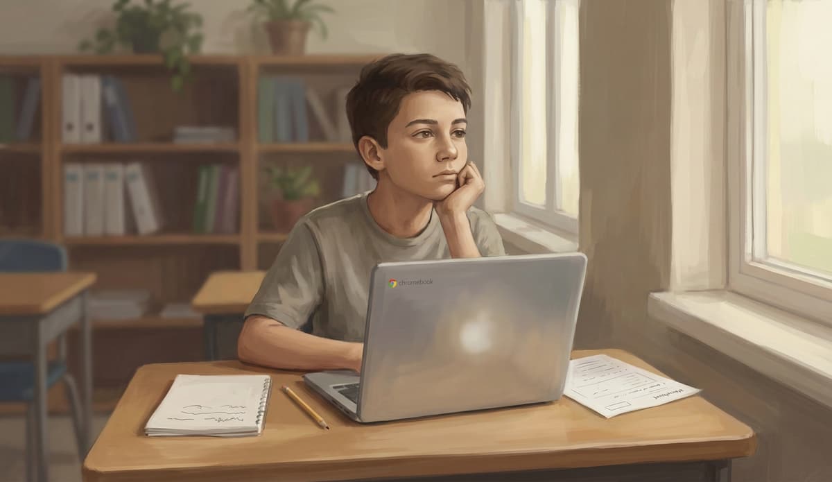 Student using a Chromebook with paper notes nearby during independent homework time