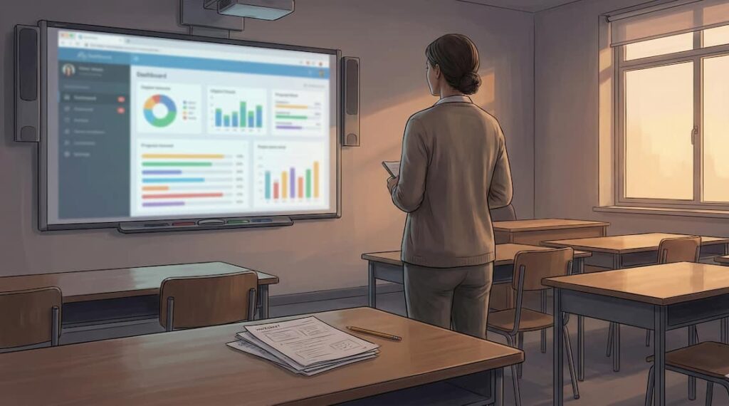 Teacher reviewing student progress on a digital classroom dashboard in an empty classroom.