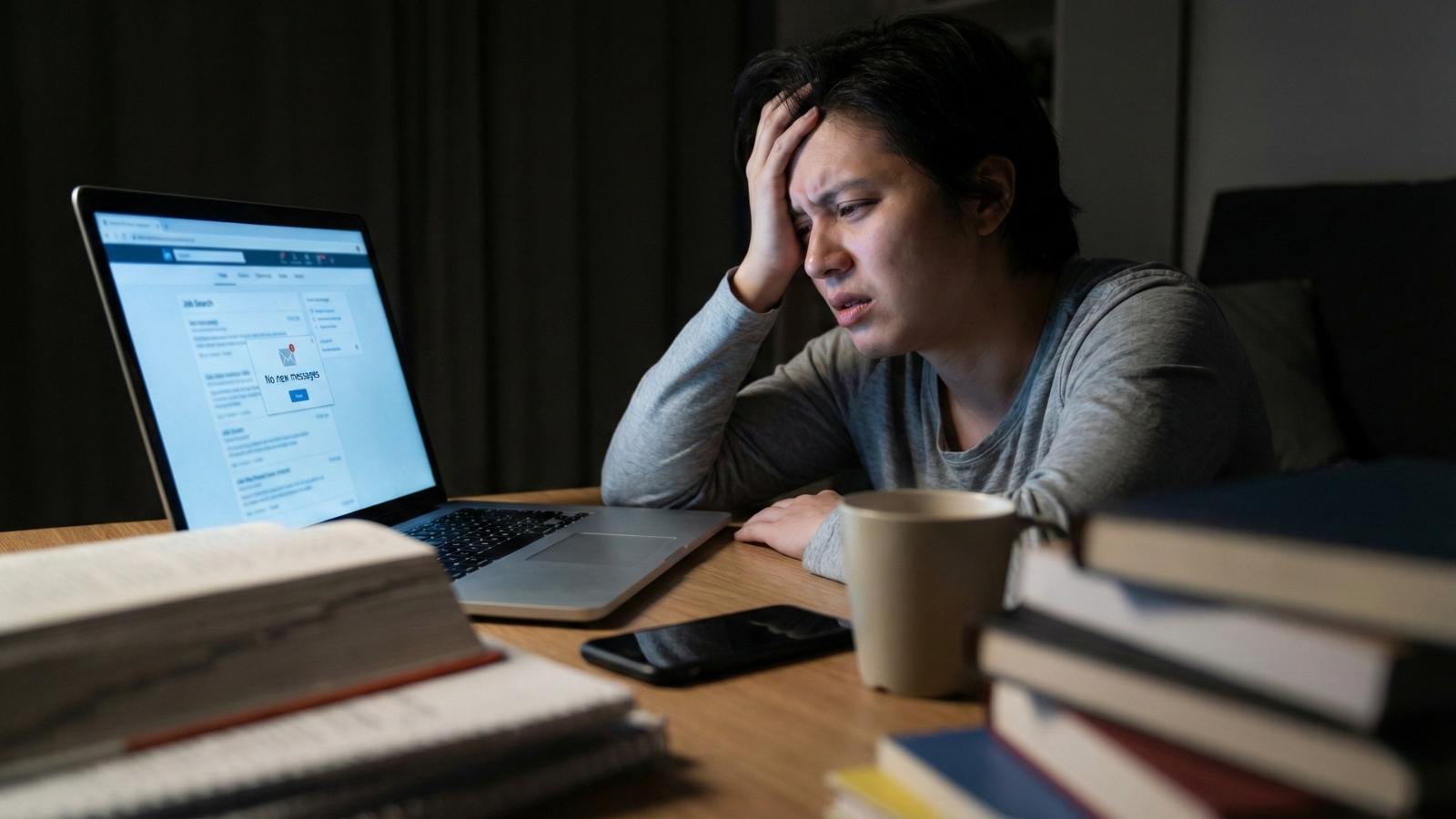 Stressed college graduate waiting for job application responses on laptop