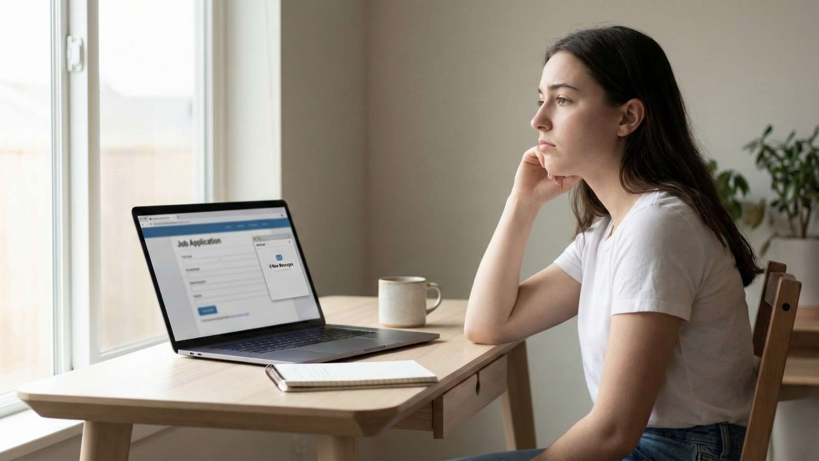 College graduate sitting alone at a desk looking at a job application on a laptop