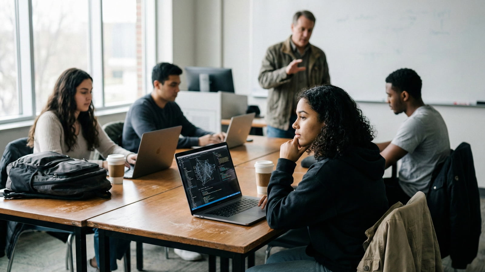 College students working on laptops in a modern university classroom