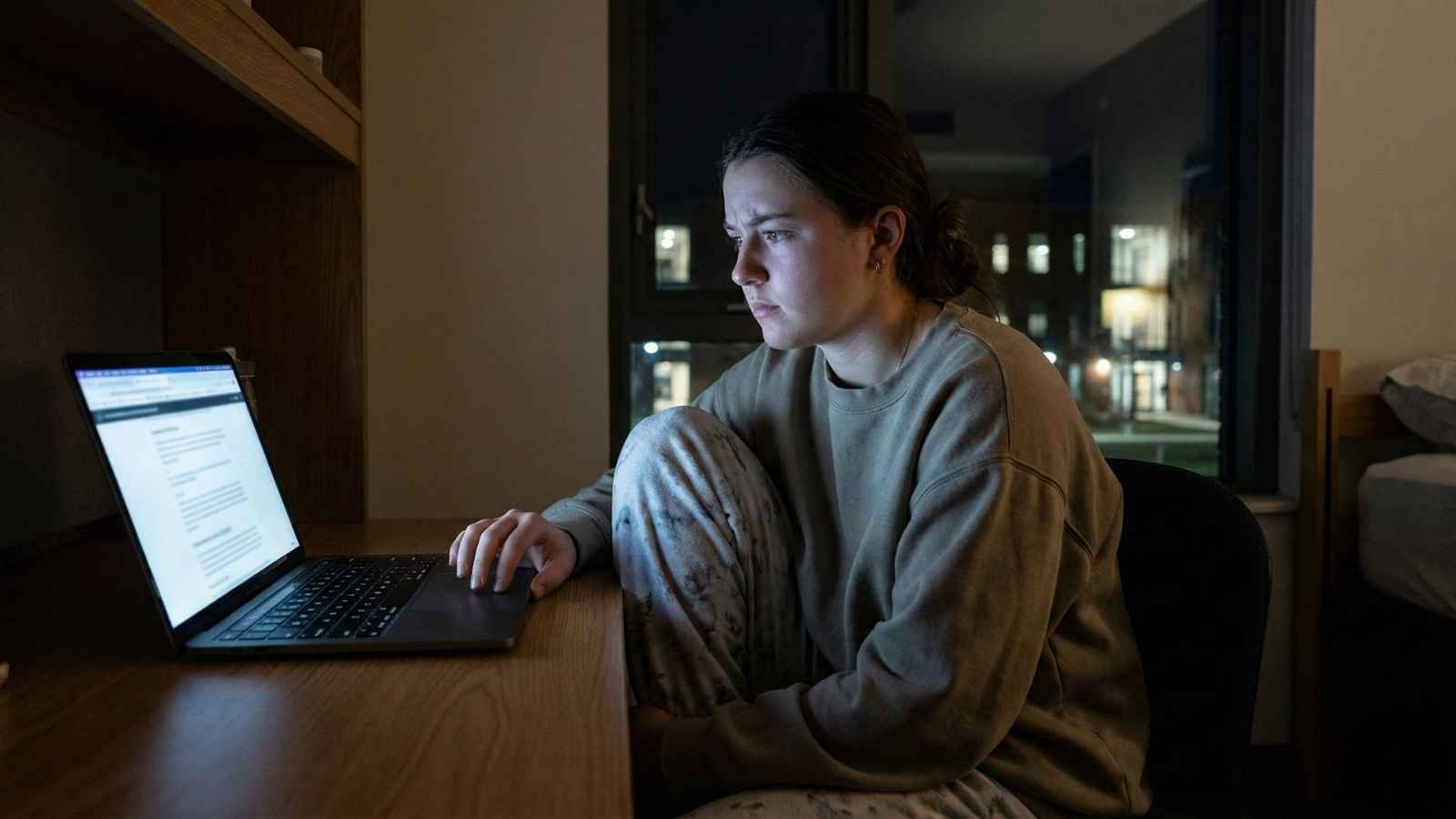 College student studying online late at night on a laptop