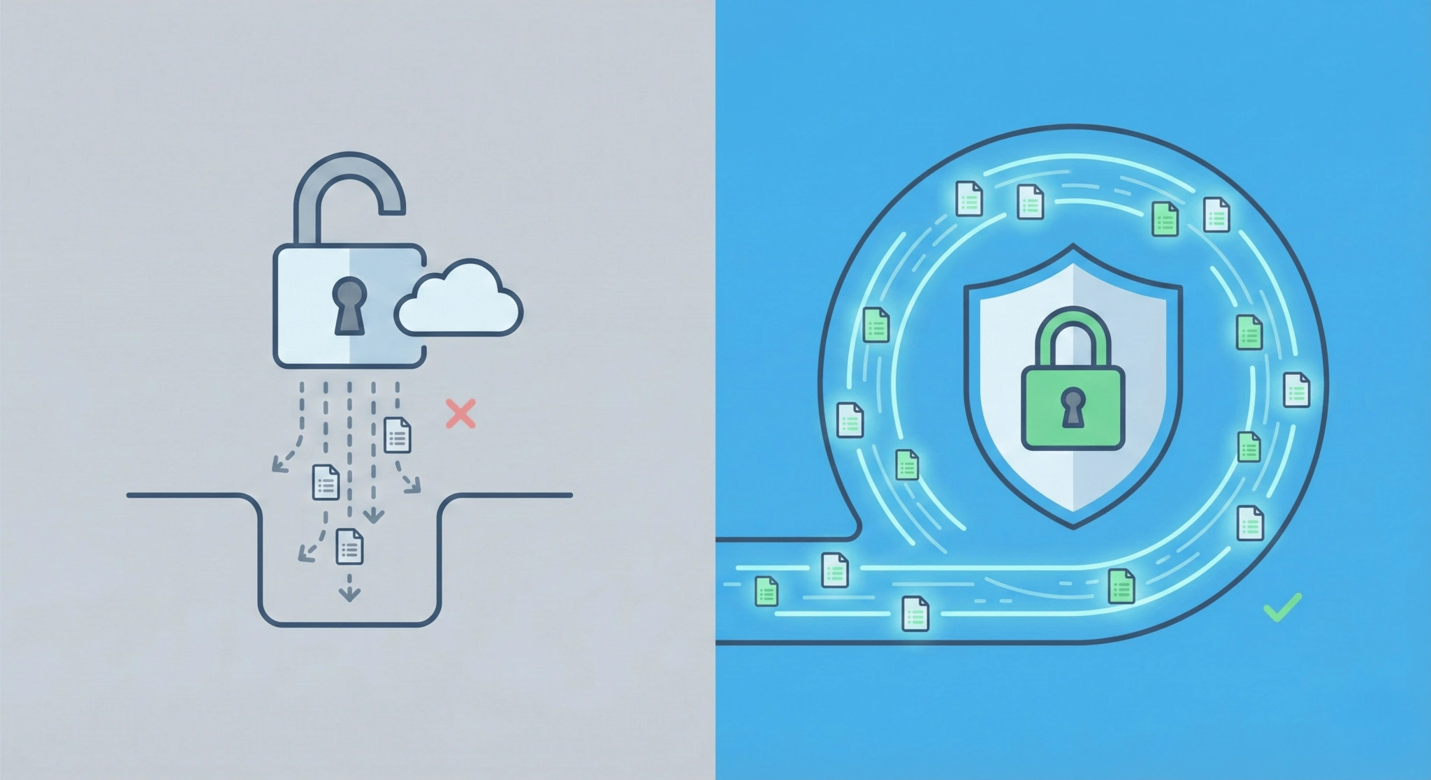 Illustration comparing unsecured AI note-taking data leaks with secure, university-managed recording systems, symbolized by an open lock on the left and a protected shield on the right.