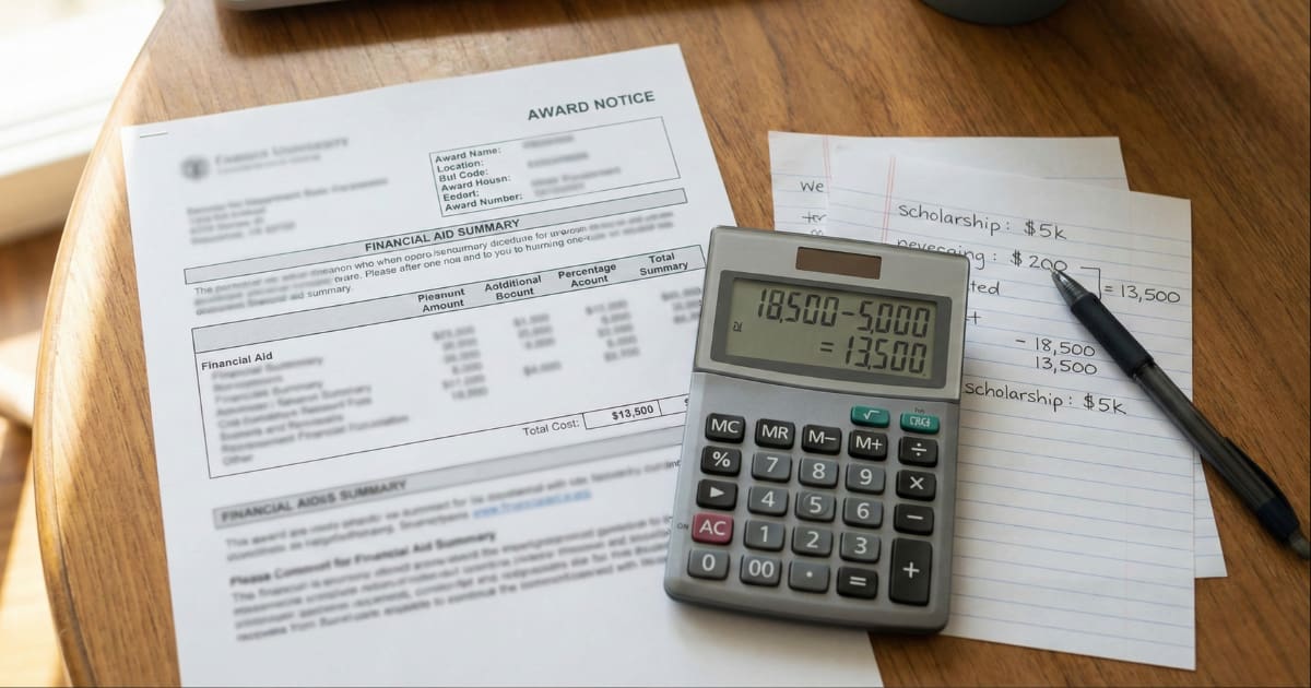 Calculator and financial aid paperwork showing how scholarships affect college costs