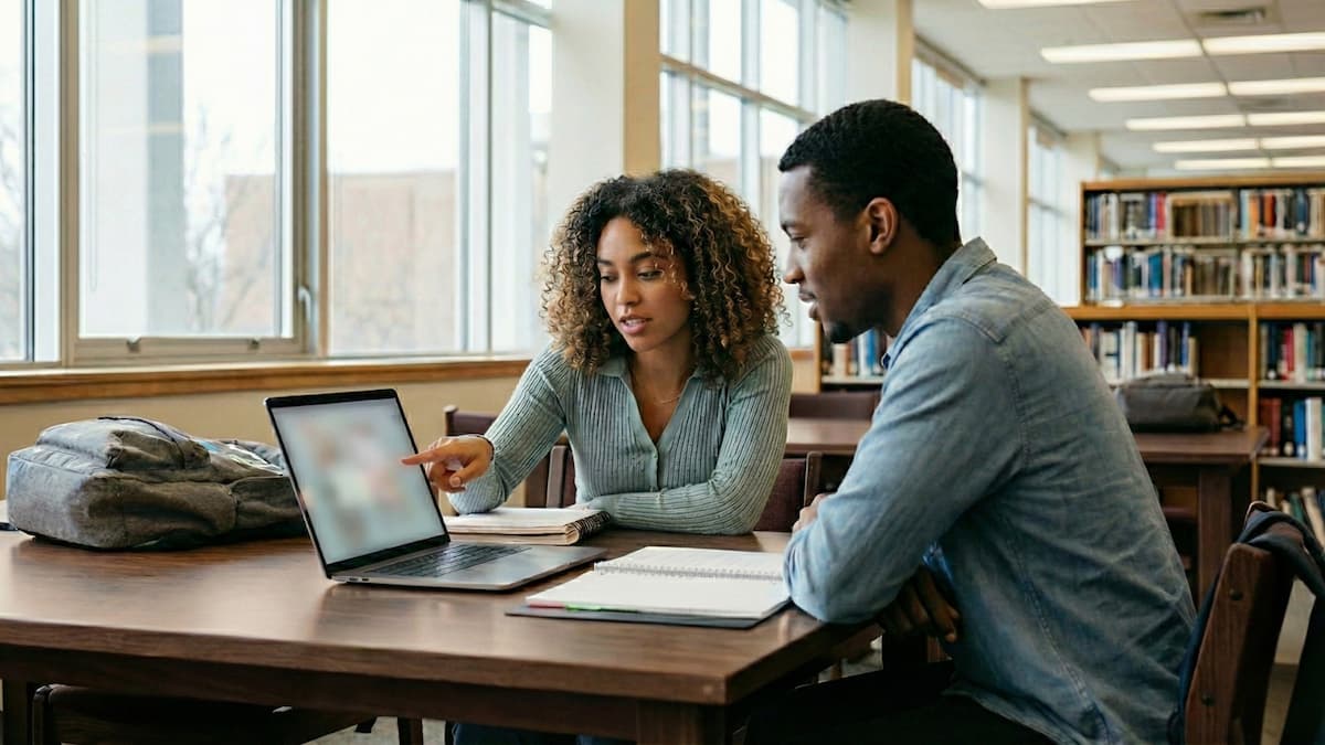 College students discussing state financial aid options together on a laptop
