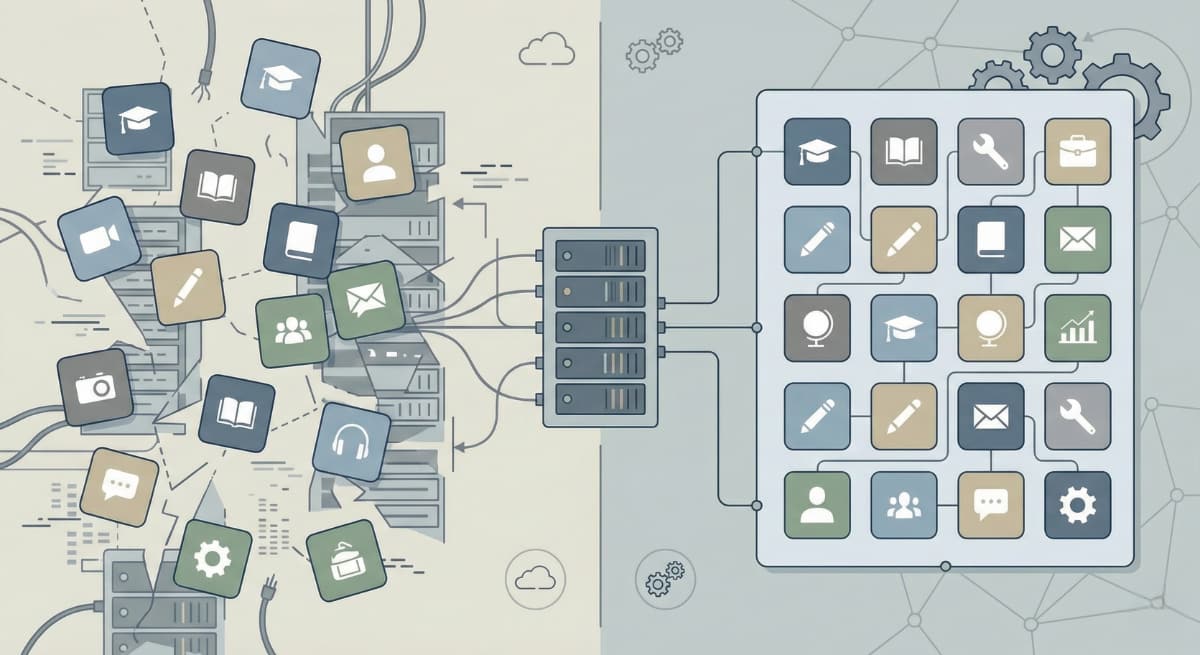 Diagram showing fragmented education apps feeding into a centralized, interoperable district platform