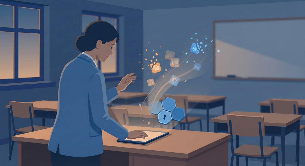 Illustration of a teacher in an empty classroom as digital learning apps fade away and a locked core platform remains