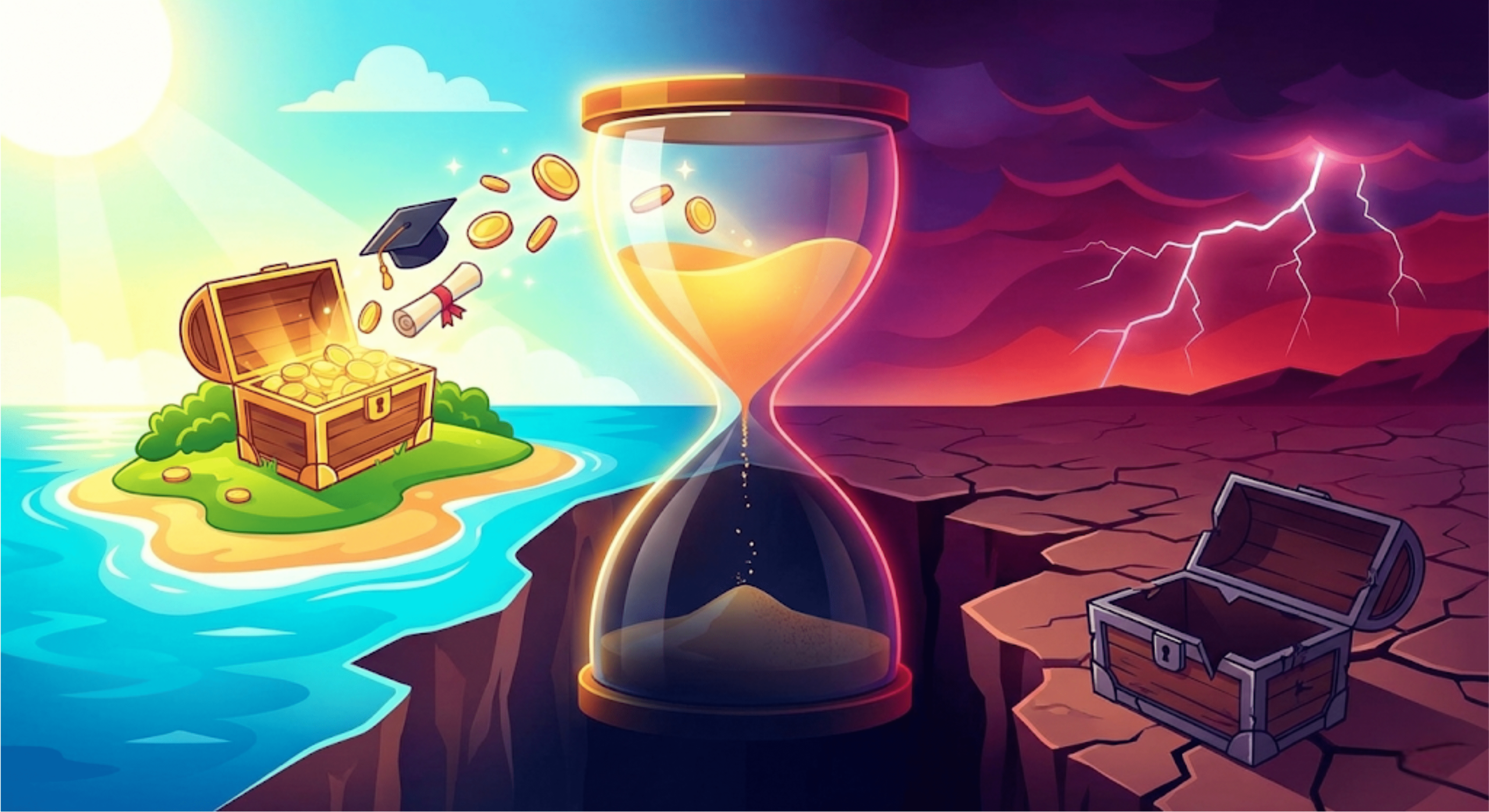 Vector illustration showing an hourglass between a bright island with a full treasure chest and a dark landscape with an empty chest, symbolizing how filing FAFSA early preserves financial aid while late filing leads to lost opportunities.