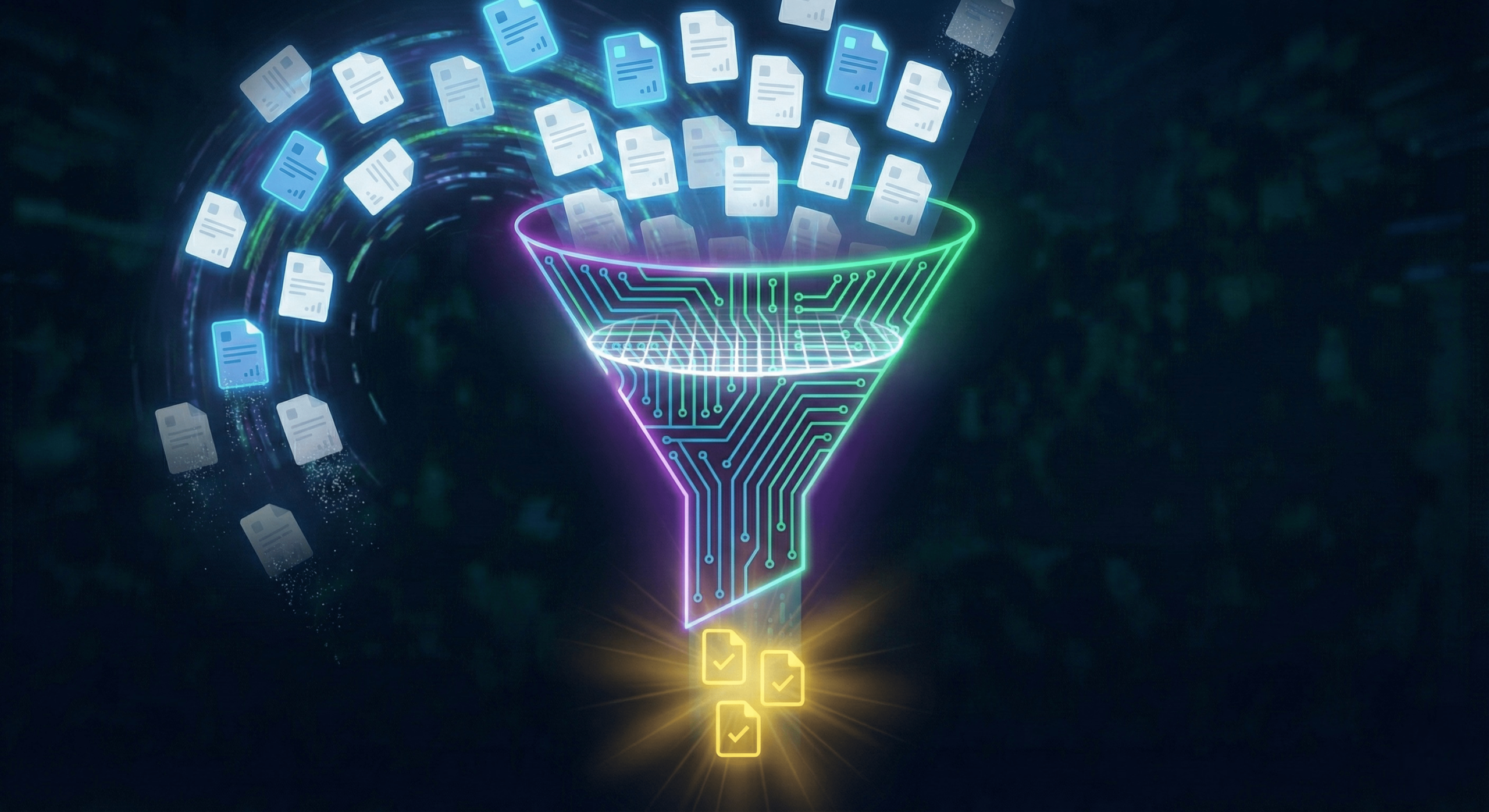 Vector illustration of a digital funnel filtering piles of student resumes, symbolizing how Applicant Tracking Systems (ATS) automatically screen internship applicants before human review.