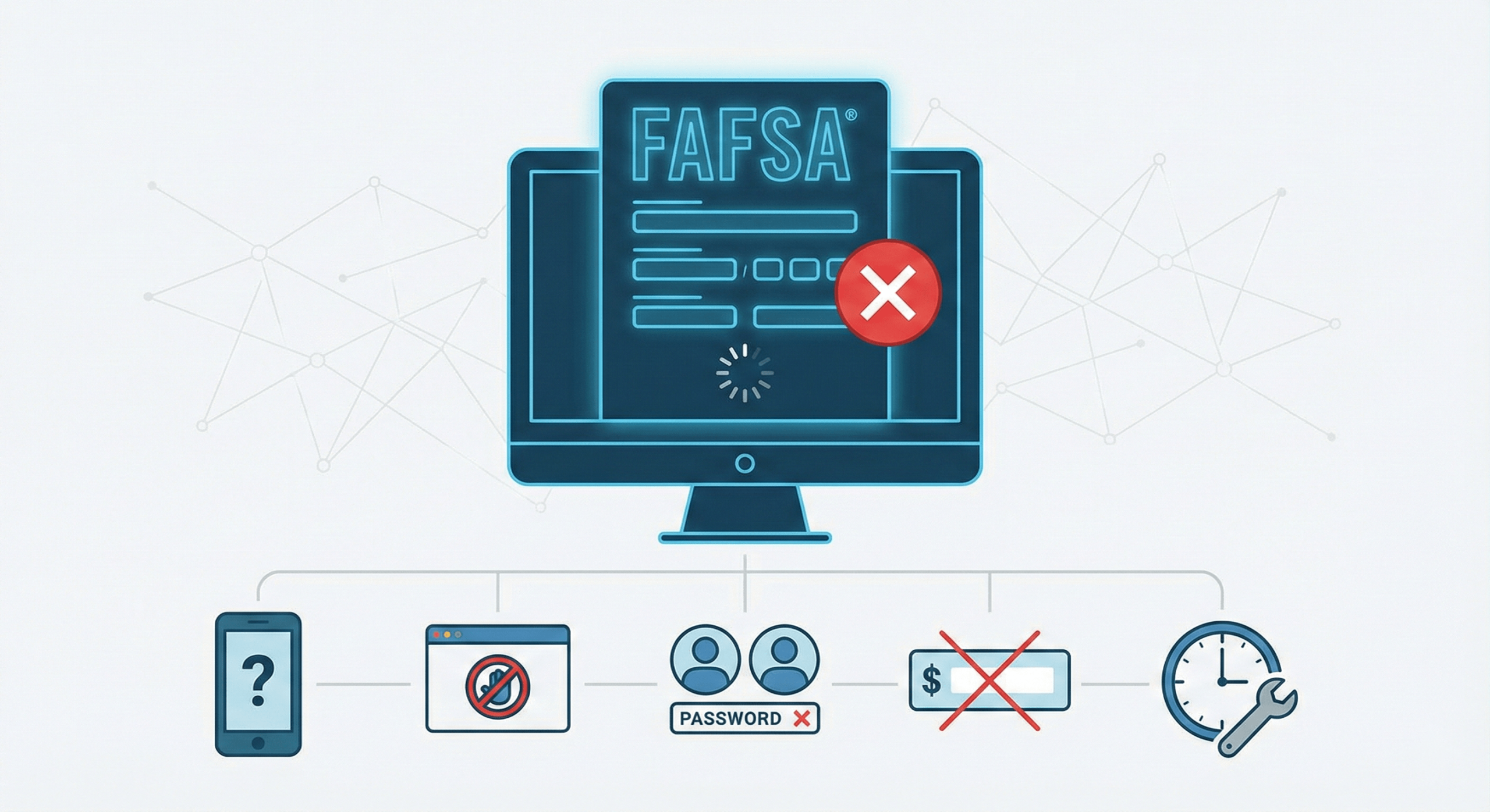 Vector illustration showing a FAFSA form on a computer screen with an error symbol, representing a submission problem.
