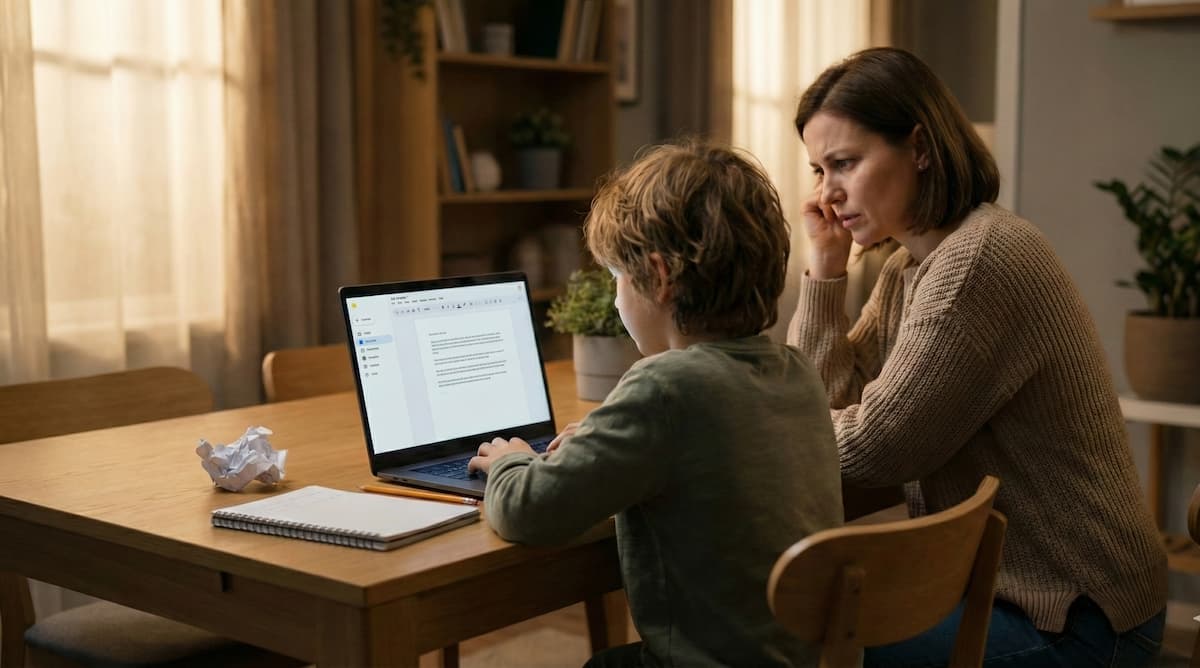 Parent helping a child review digital homework on a laptop at the kitchen table.