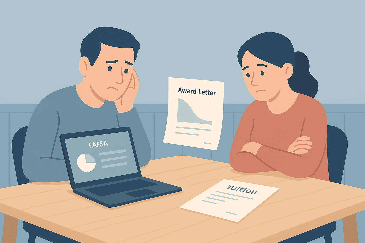 Middle-class parents reviewing a reduced FAFSA award letter at their kitchen table, illustrating the loss of financial aid caused by the removal of the sibling discount.