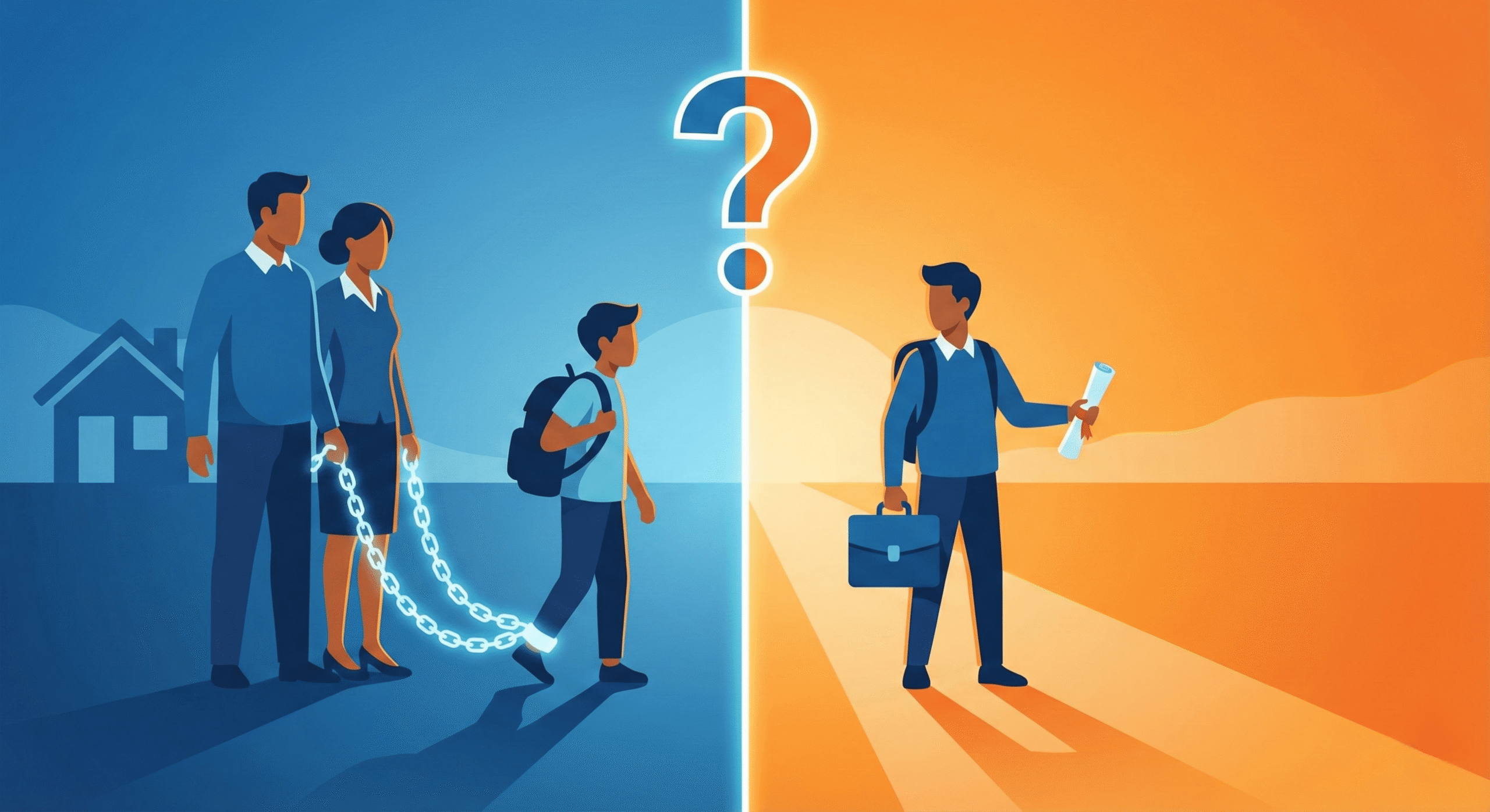 Vector illustration comparing a dependent student profile linked to parental data versus an independent student profile standing alone, symbolizing FAFSA classification rules.
