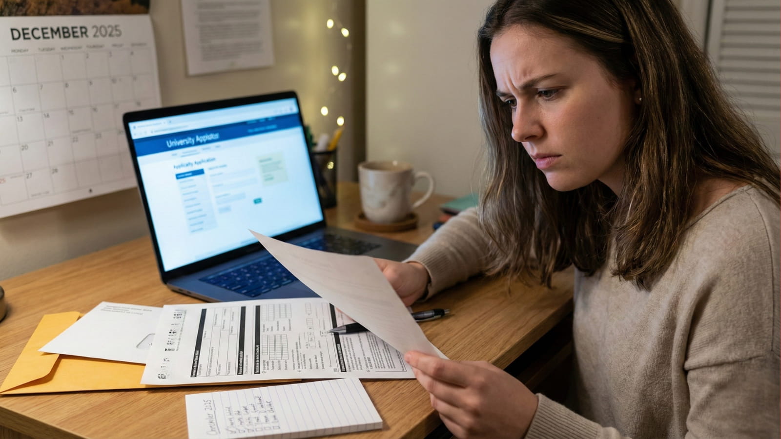 College student reviewing application documents on a laptop late in December.