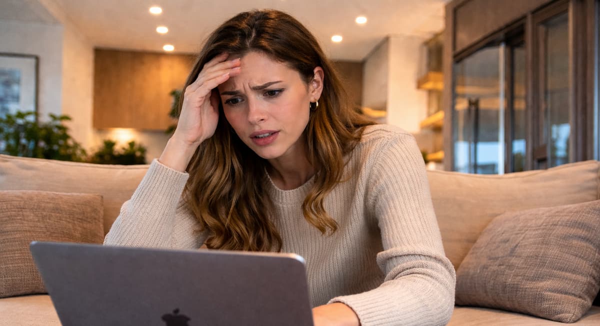 Female student loan borrower looking concerned while checking loan balance on a laptop at home