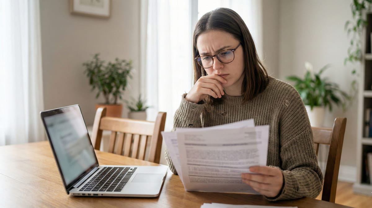 Female student loan borrower reviewing loan statement papers while checking balance on laptop at home
