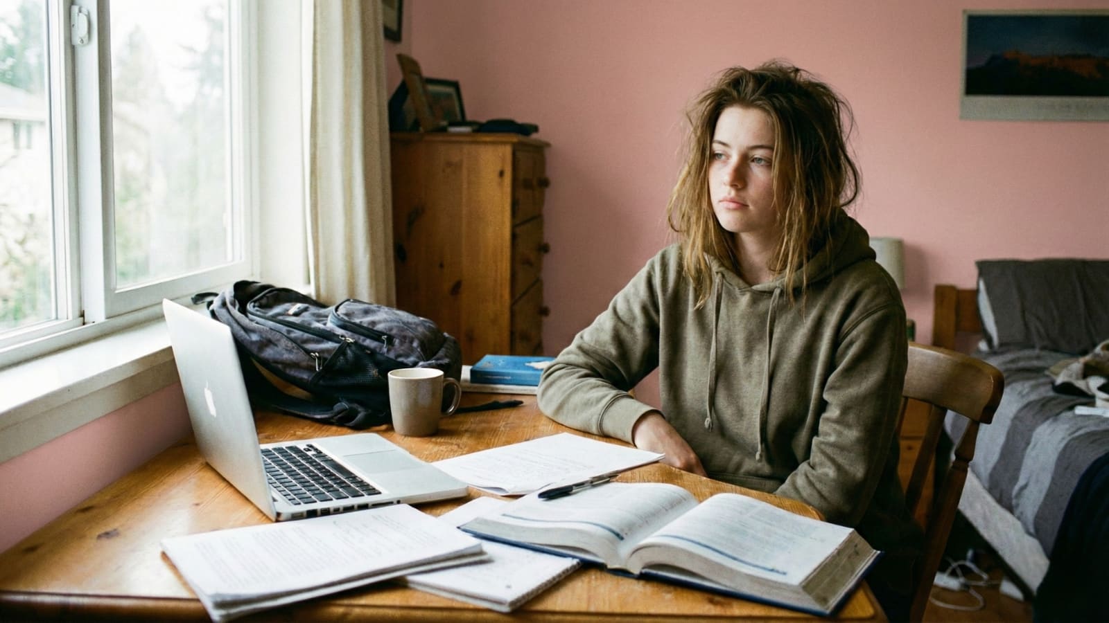 Student dealing with missing school forms while checking a college application portal
