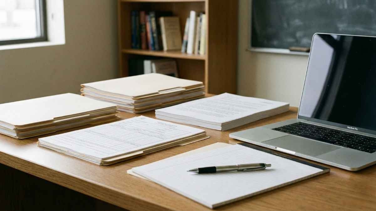 Organized paperwork and documents on a desk related to substitute teaching permit requirements
