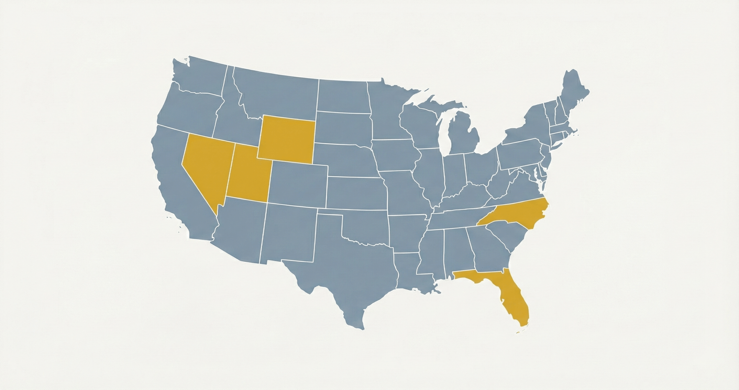 United States map highlighting Florida, North Carolina, Utah, Wyoming, and Nevada as states with lower in-state public university tuition for the 2025–26 academic year.