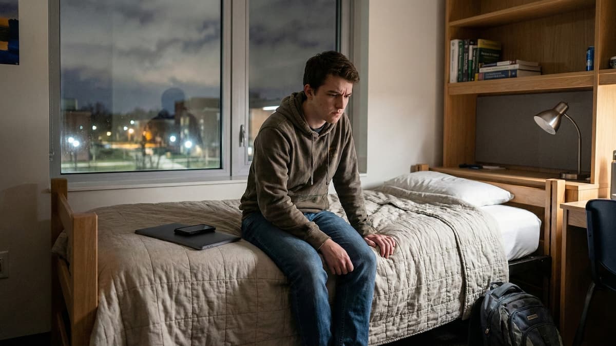 College student sitting alone in dorm room feeling academic stress