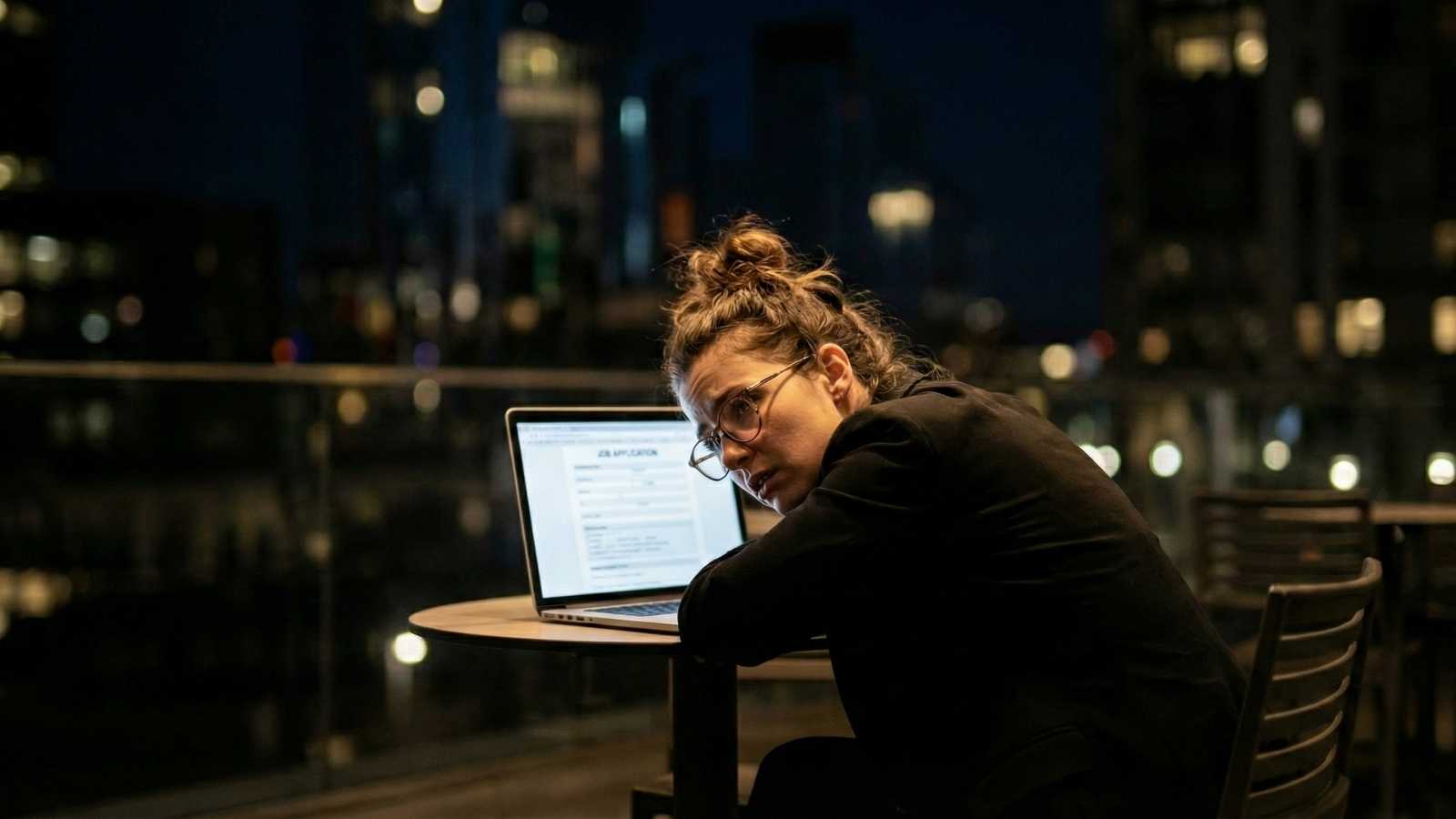Frustrated job applicant looking at a laptop after submitting multiple online job applications