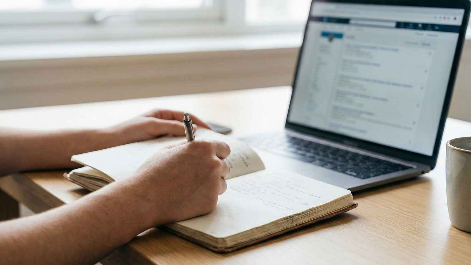 Person reviewing job listings with a notebook beside a laptop, representing careful evaluation of job postings before applying