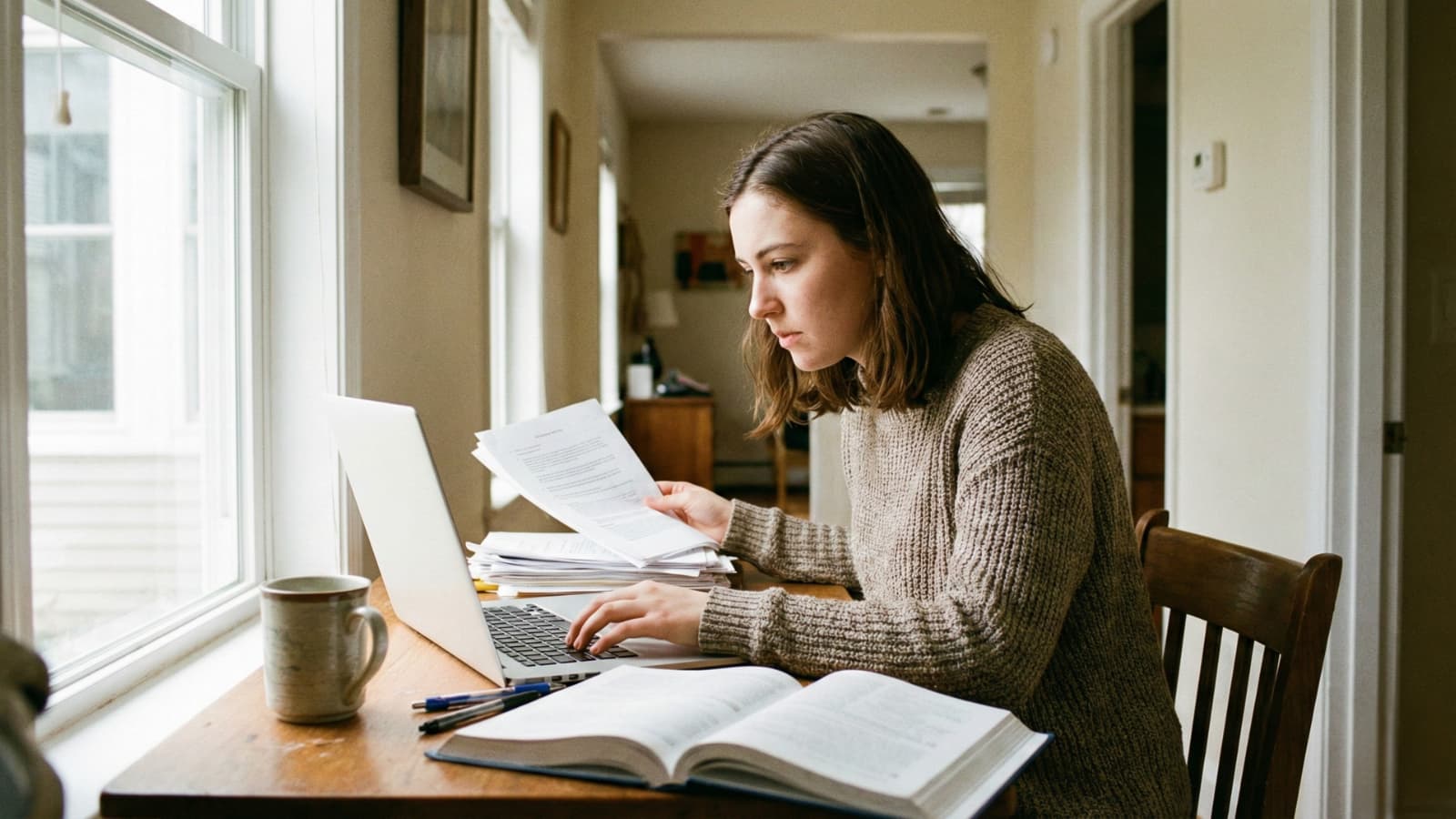 A realistic photo of a student reviewing documents and emailing on a laptop at home, focused expression, organized desk with papers, natural window light, authentic candid scene, no text, no logos, photojournalistic style, 16:9
