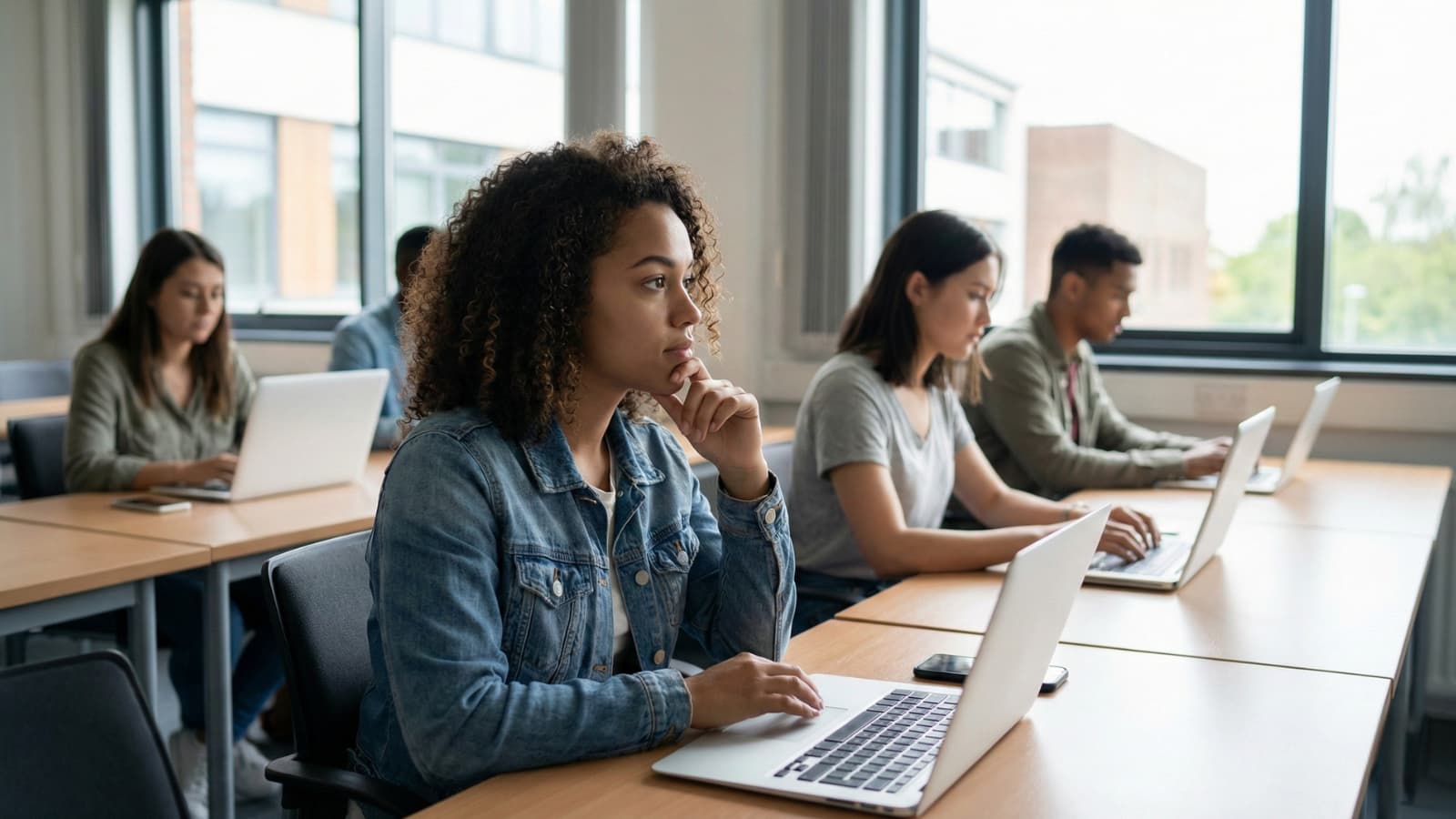 College students working on laptops in a university computer lab