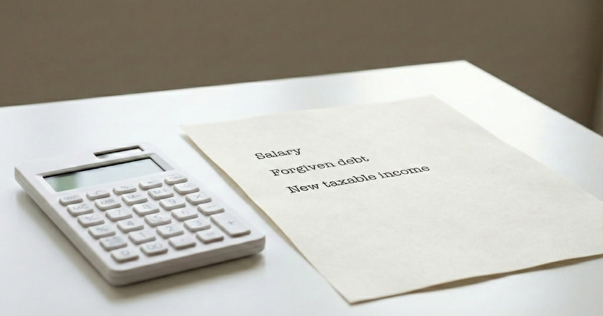 Calculator and notes showing how forgiven student loan debt affects taxable income