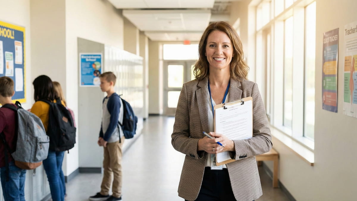 Substitute teacher walking through a school hallway preparing for a classroom assignment
