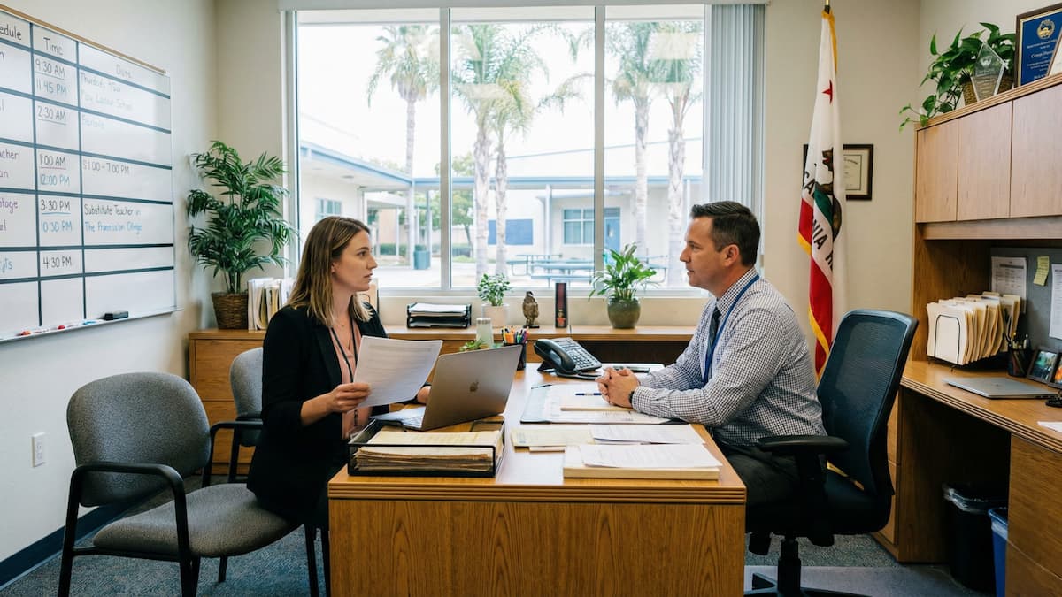 Substitute teacher candidate meeting with a school administrator in a California school office
